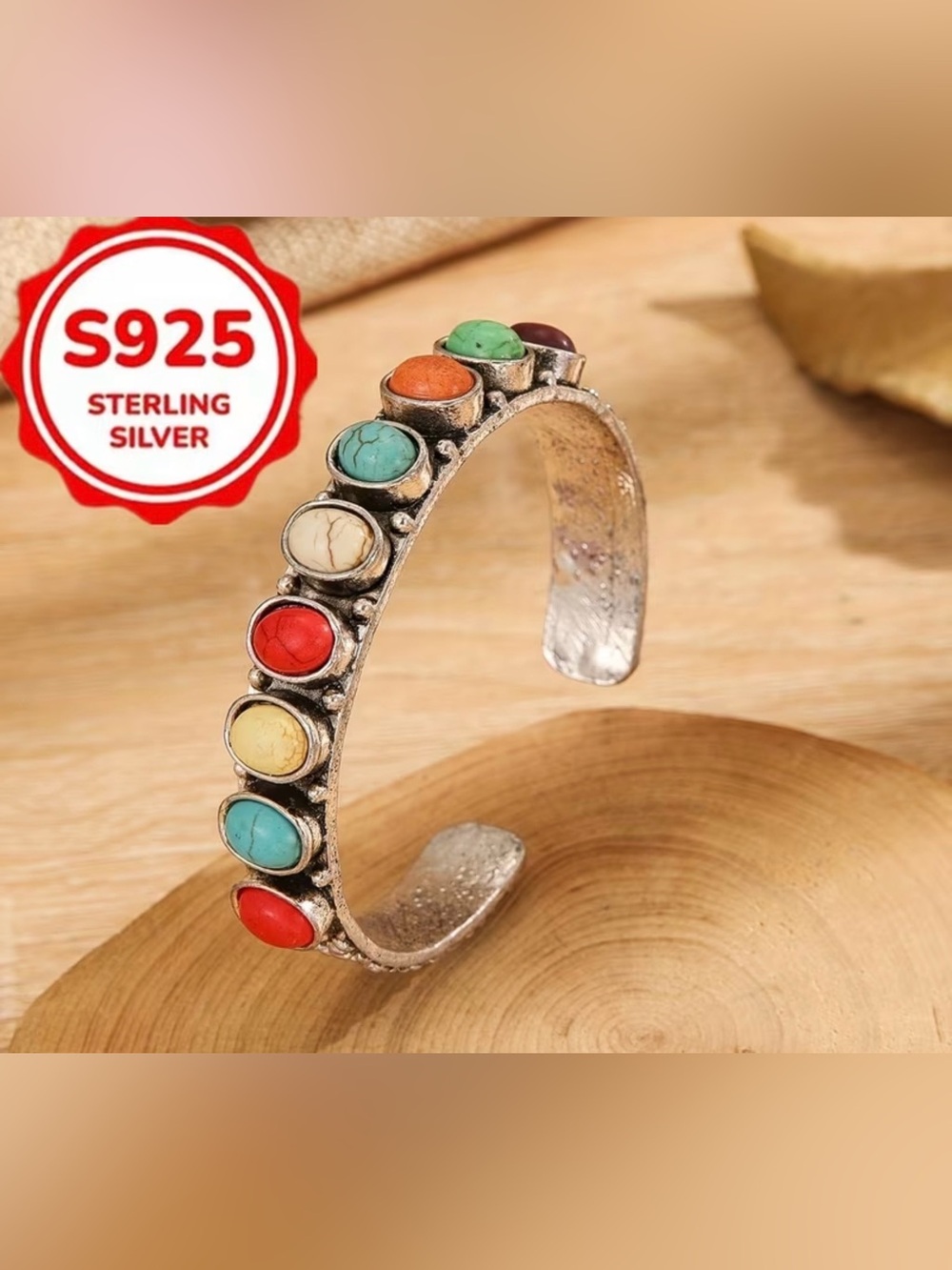 Sterling Silver Multicolor Stone Cuff Bracelet - Women Jewelry